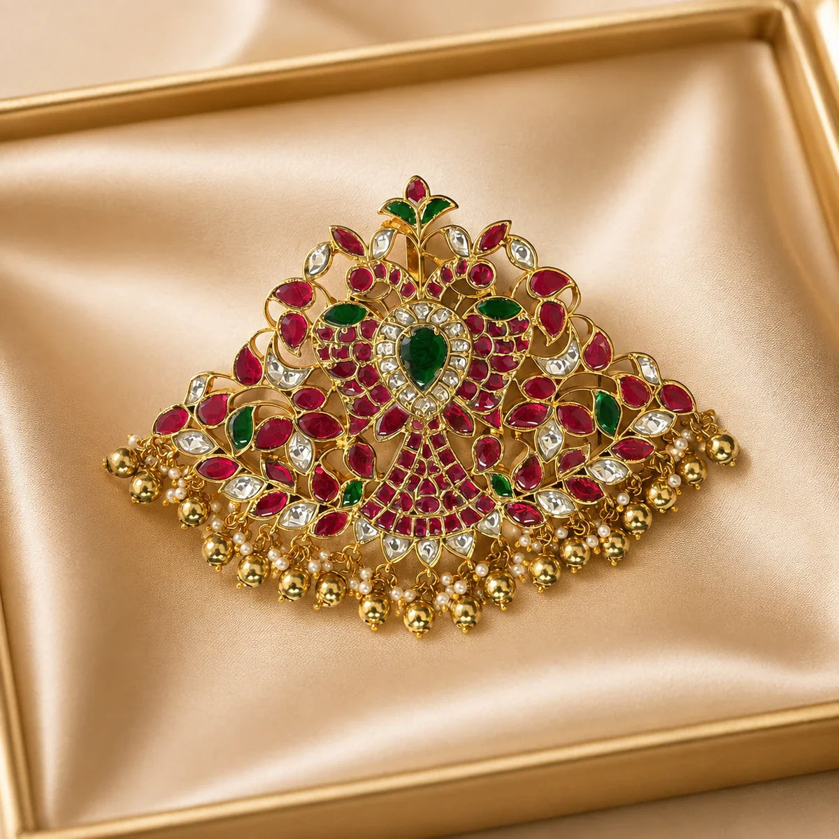 FeelOri broad Jadau Kundan peacock pendant displayed in an ivory satin jewellery tray