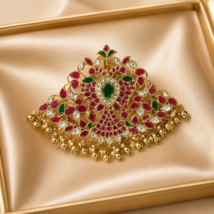 FeelOri broad Jadau Kundan peacock pendant displayed in an ivory satin jewellery tray