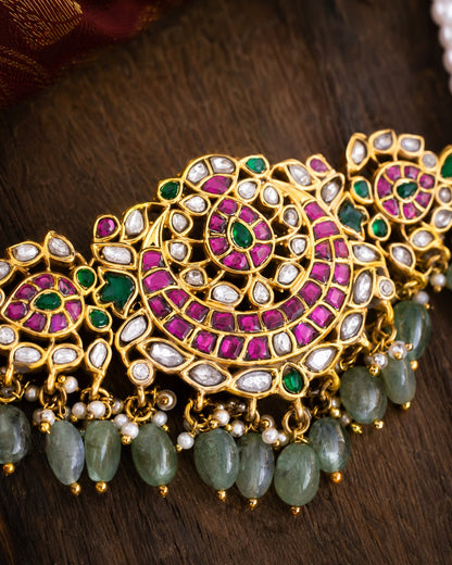FeelOri chand motif jadau kundan choker necklace styled with saree fabric