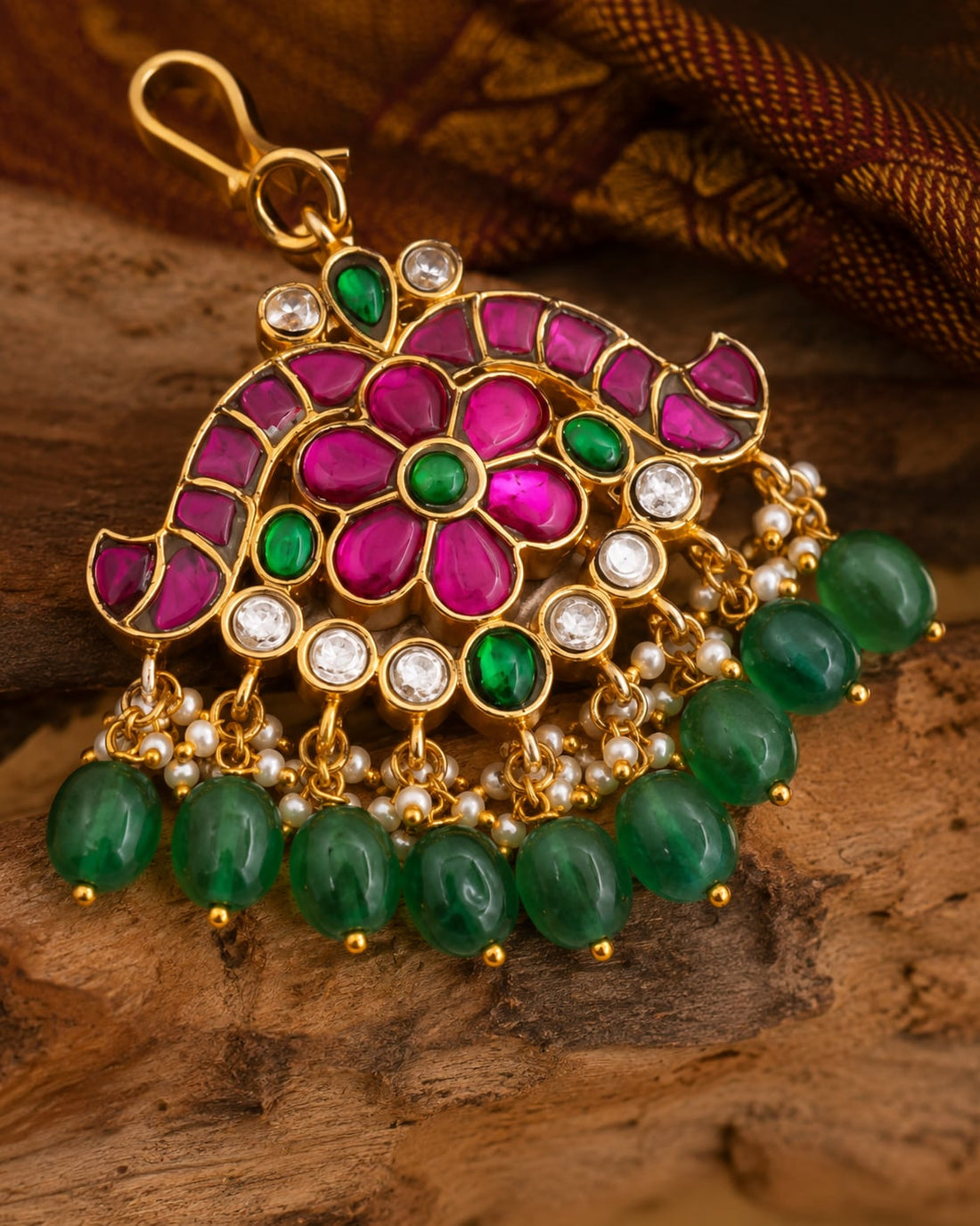 FeelOri chandbali green drop jadau kundan maang tikka listed as maang tikka only close-up of kundan stones and jadau work