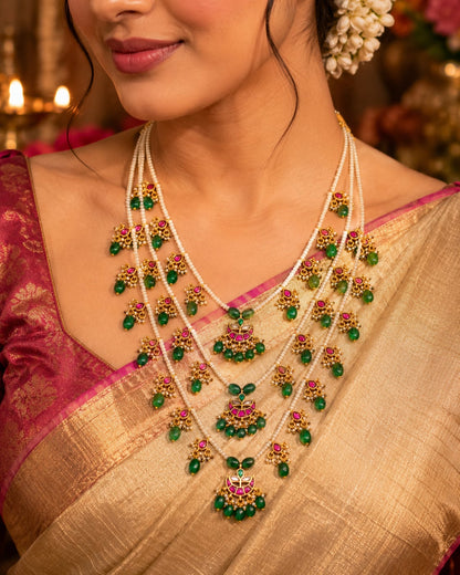 FeelOri classic triple line jadau kundan mala necklace on jewellery display