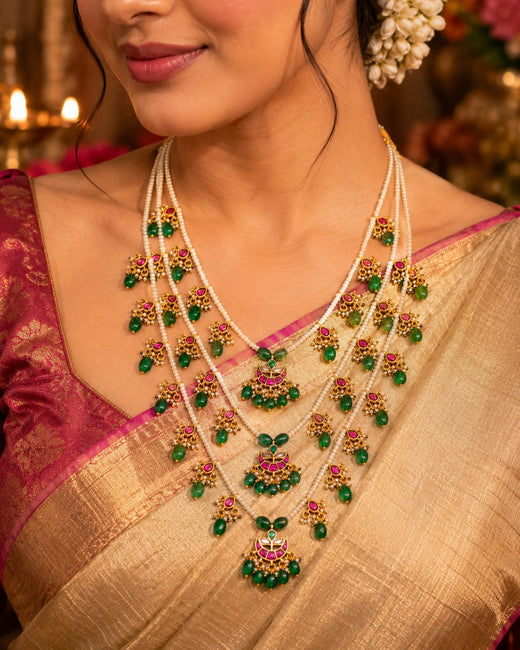 FeelOri classic triple line jadau kundan mala necklace on jewellery display
