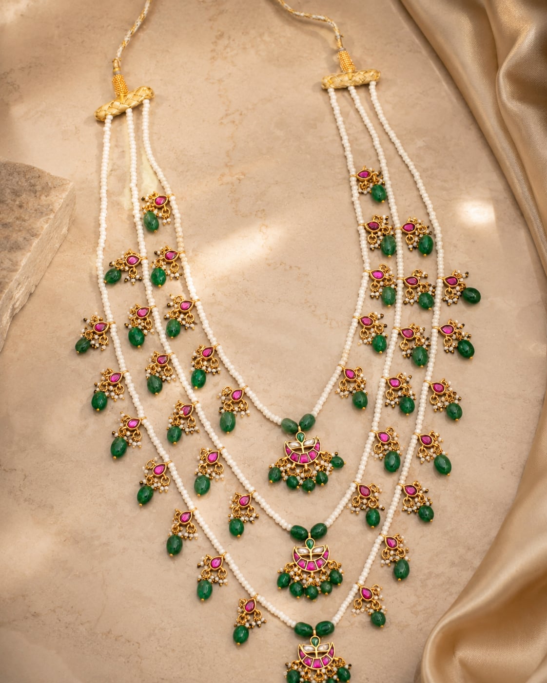 FeelOri classic triple line jadau kundan mala necklace for Indian festive necklace styling