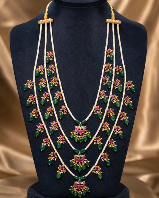 FeelOri classic triple line jadau kundan mala necklace for pattu saree styling
