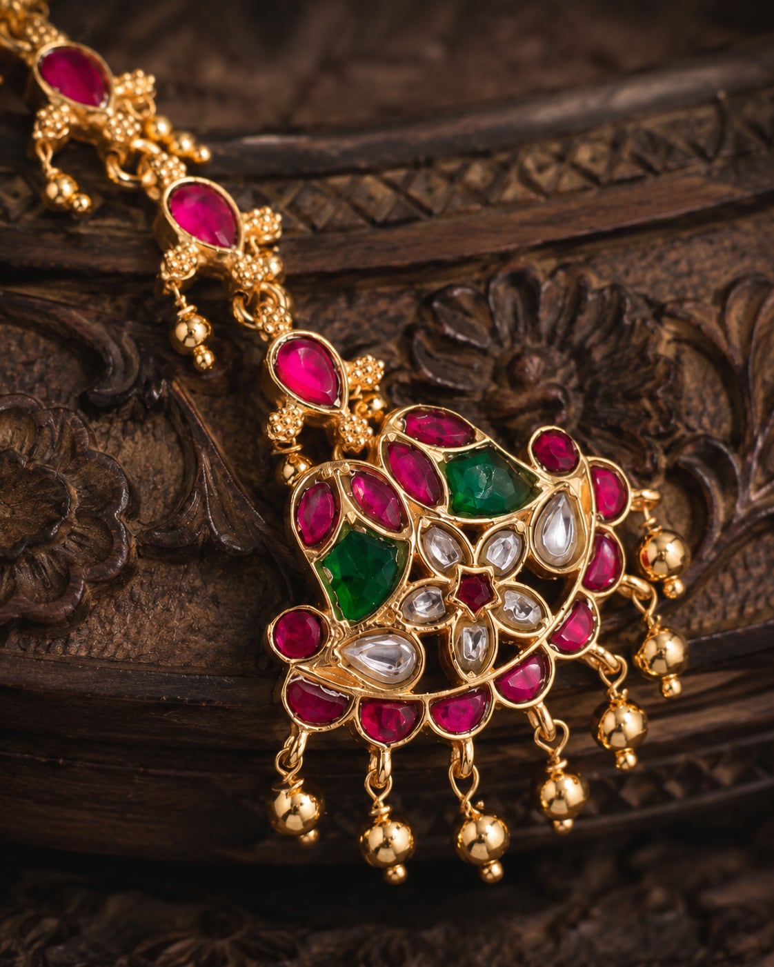 FeelOri crescent chain jadau kundan maang tikka listed as maang tikka only styled with saree fabric