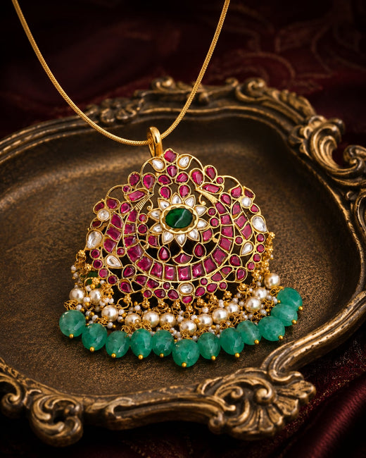 FeelOri jadau kundan Manga Lotus Chandbali Pendant - wearing-scale view