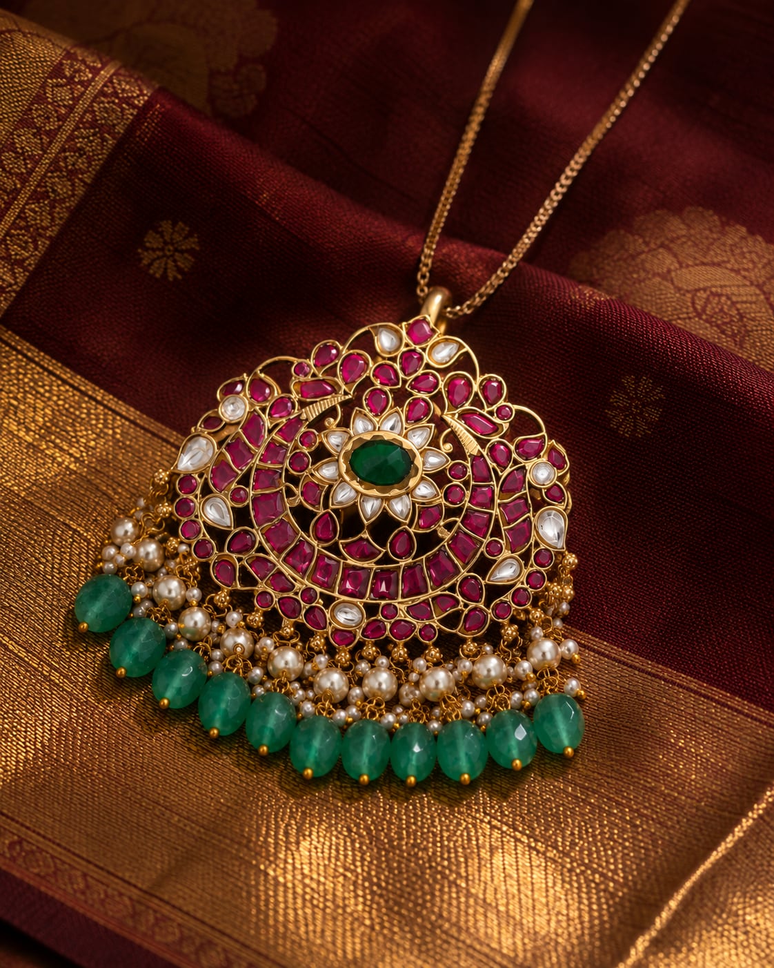 FeelOri crescent floral green bead jadau kundan pendant included as pendant only styled with saree fabric