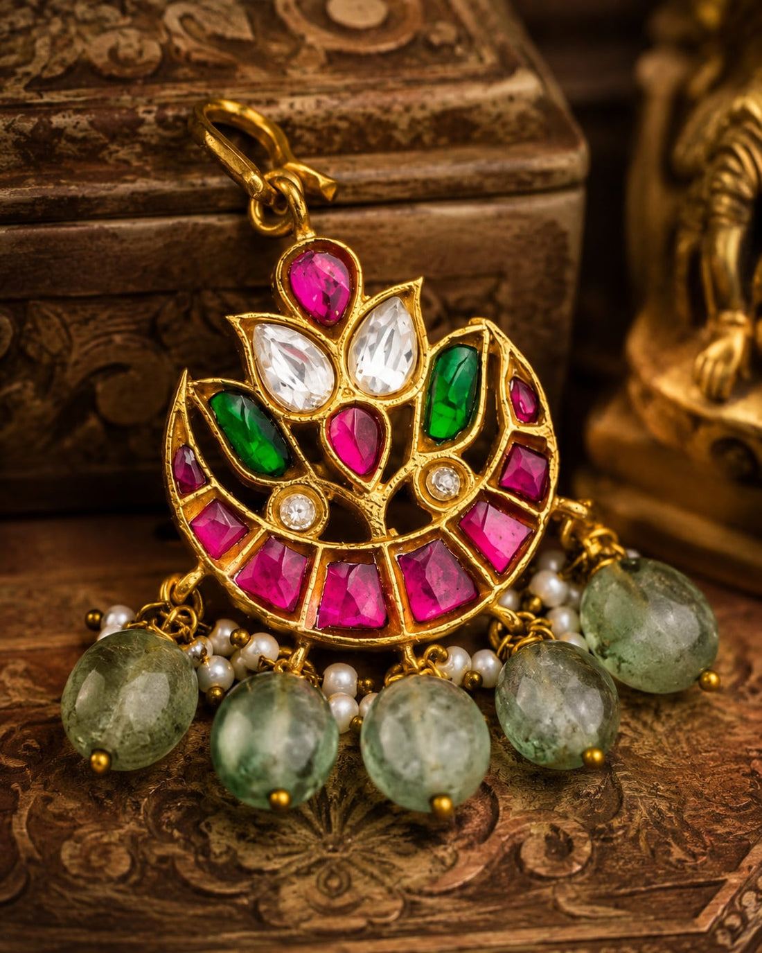 FeelOri crescent green drop jadau kundan maang tikka listed as maang tikka only on jewellery display