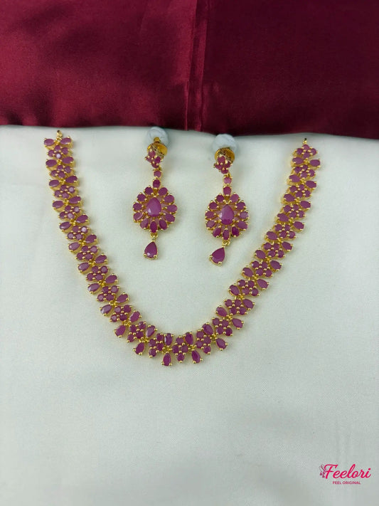 FeelOri crimson ruby-tone necklace set, full set view with matching earrings