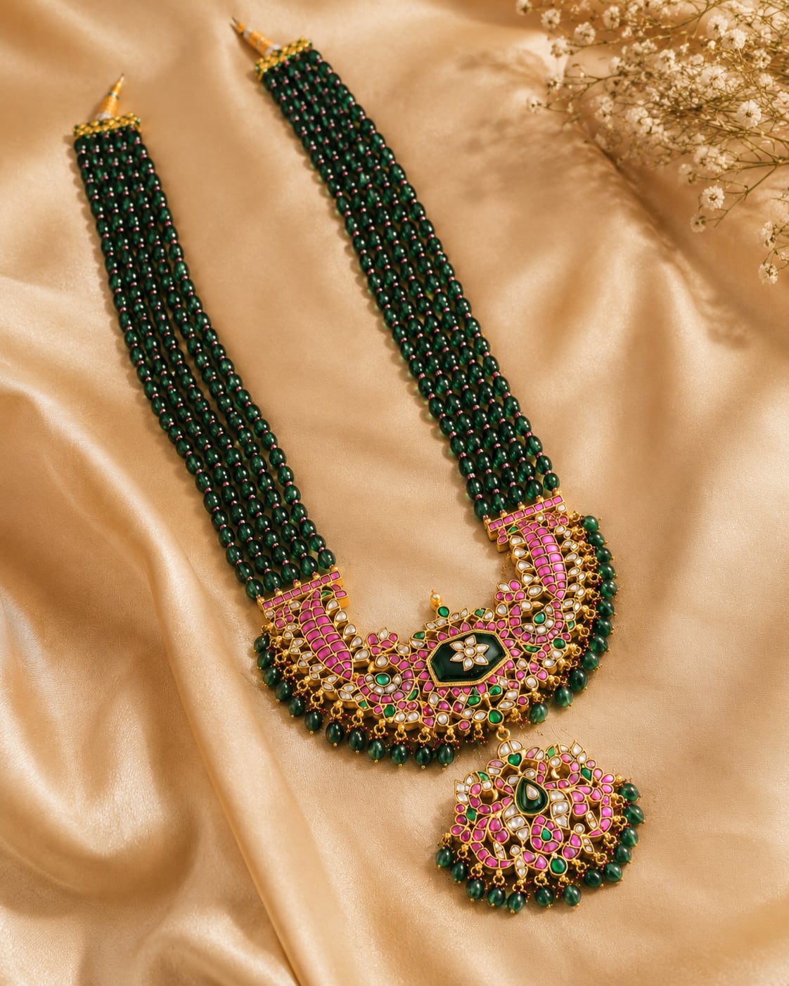 FeelOri dual-tone bead jadau kundan long haram necklace for South Indian festive jewellery styling