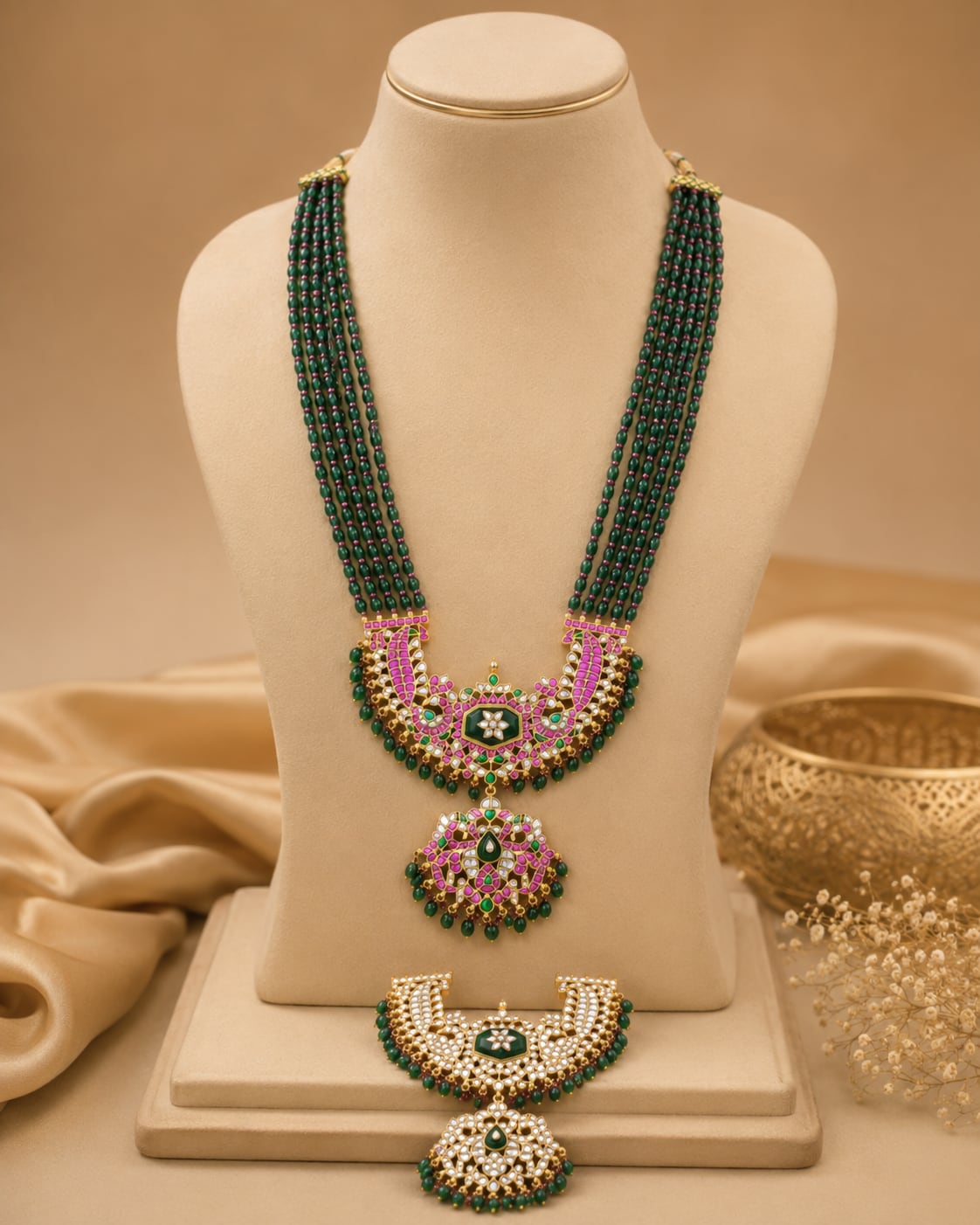 FeelOri dual-tone bead jadau kundan long haram necklace for pattu saree styling