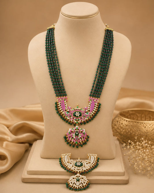 FeelOri five-strand green beaded long necklace with reversible Jadau Kundan pendant