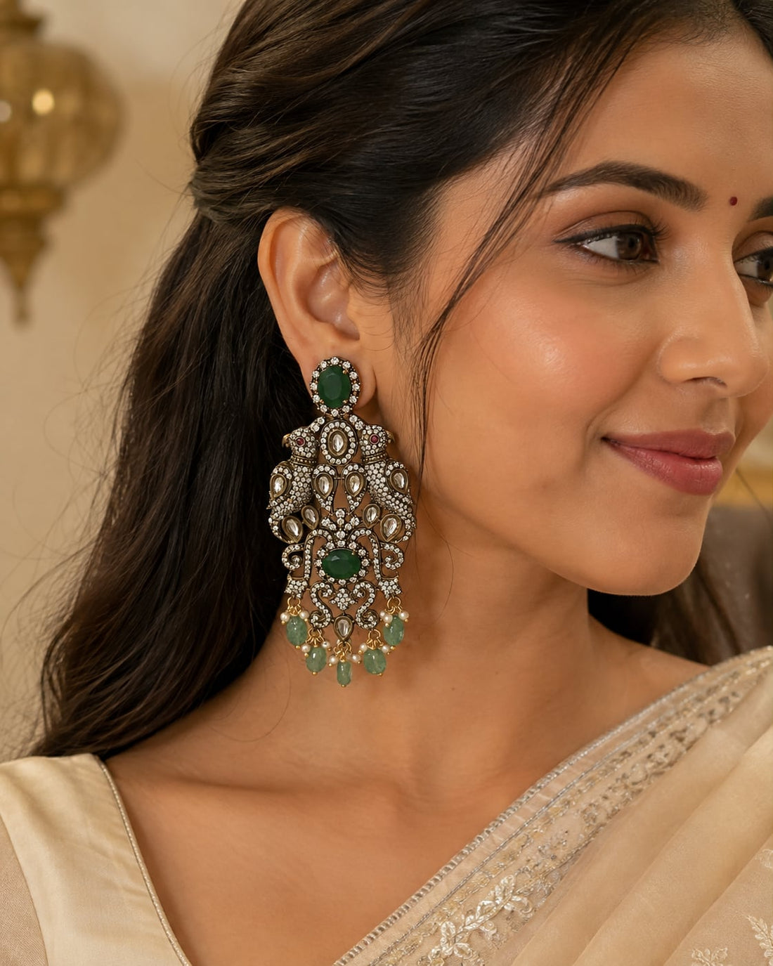 FeelOri emerald earrings styled with Indian occasion wear