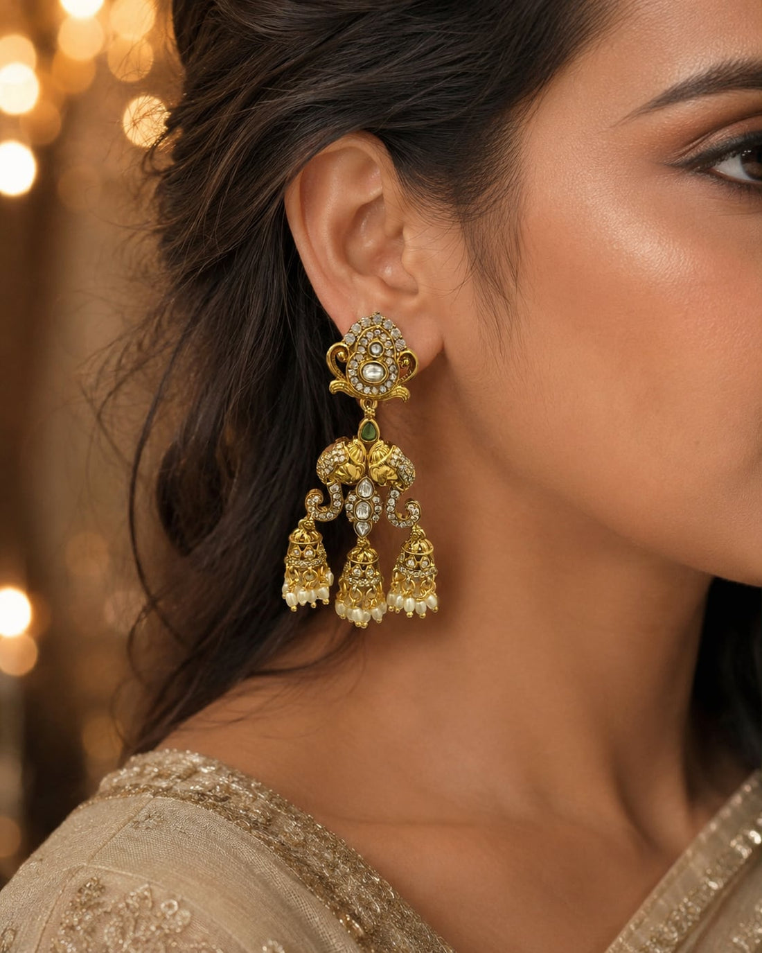 FeelOri emerald earrings styled with Indian occasion wear