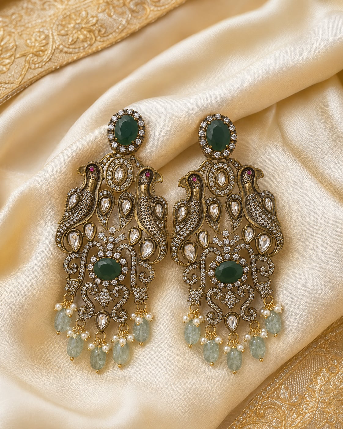 FeelOri emerald earrings styled with saree fabric for Indian occasion wear