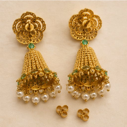 FeelOri emerald jhumka earrings rear view showing openwork reverse, straight posts, and push-back closures
