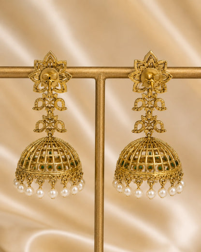 FeelOri emerald jhumka earrings rear view showing openwork reverse, straight posts, and push-back closures