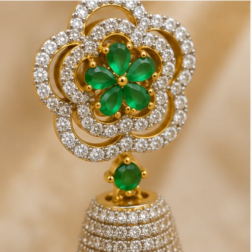 FeelOri emerald jhumka earrings stone setting, ear-chain or earring construction, and gold-polished finish detail
