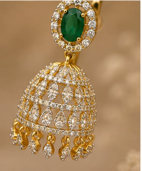 FeelOri emerald jhumka earrings stone setting, ear-chain or earring construction, and gold-polished finish detail