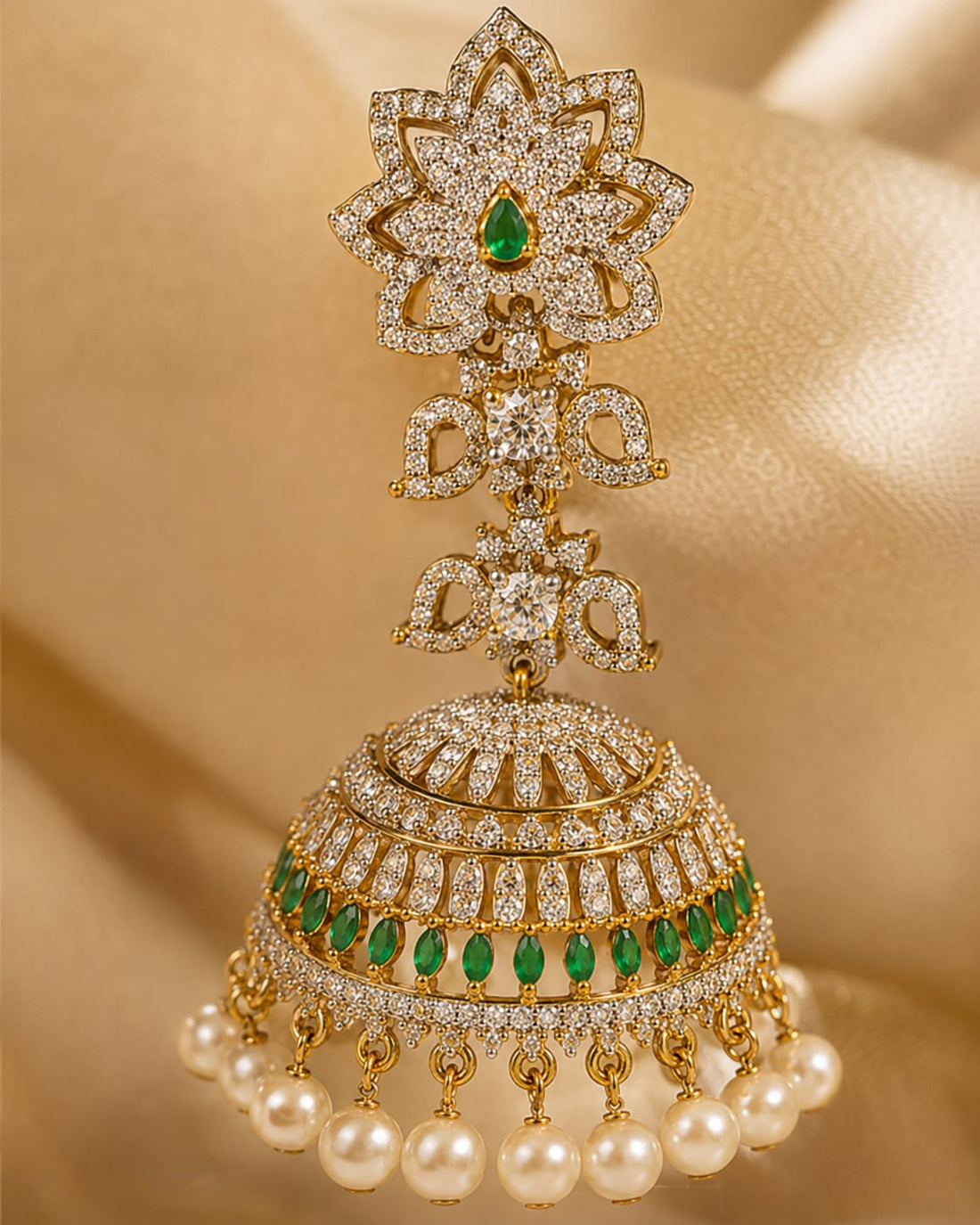 FeelOri emerald jhumka earrings stone setting, ear-chain or earring construction, and gold-polished finish detail