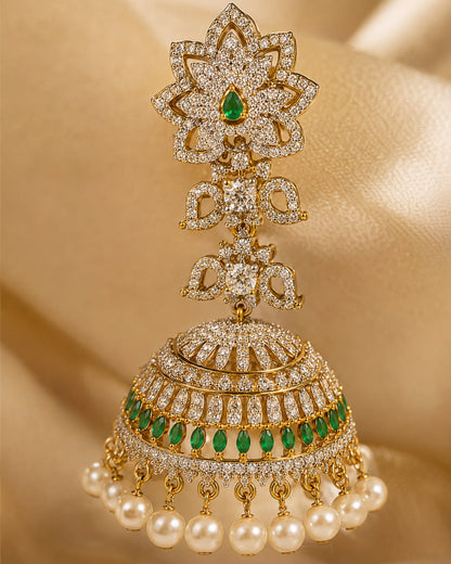 FeelOri emerald jhumka earrings stone setting, ear-chain or earring construction, and gold-polished finish detail