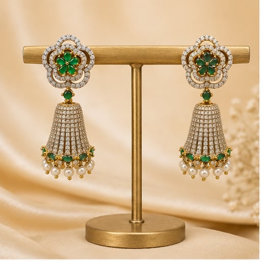 FeelOri emerald jhumka earrings on jewellery display