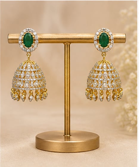 FeelOri emerald jhumka earrings on jewellery display