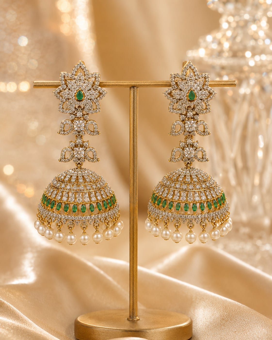 FeelOri emerald jhumka earrings on jewellery display