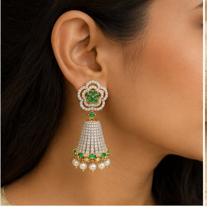FeelOri emerald jhumka earrings styled with Indian occasion wear