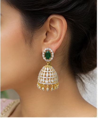 FeelOri emerald jhumka earrings styled with Indian occasion wear