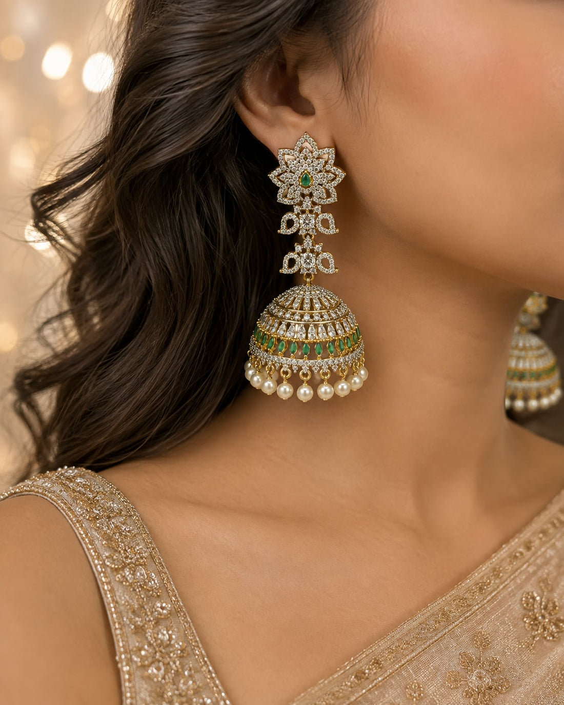 FeelOri emerald jhumka earrings styled with Indian occasion wear