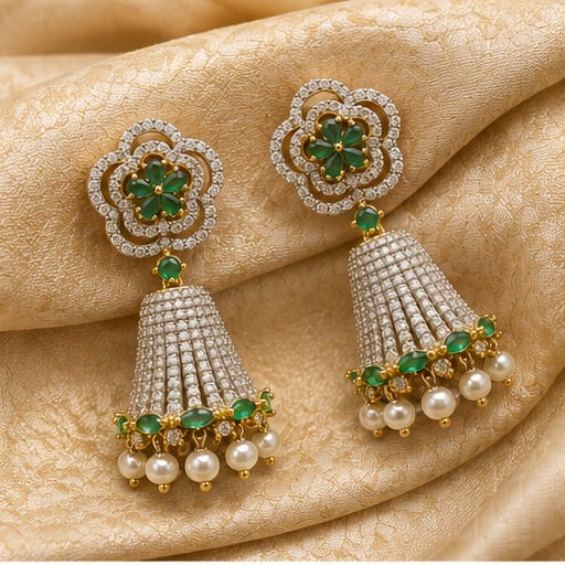 FeelOri emerald jhumka earrings styled with saree fabric for Indian occasion wear