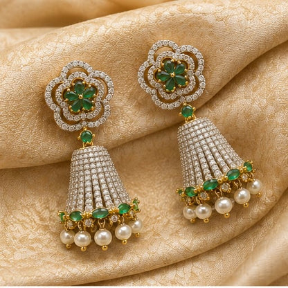 FeelOri emerald jhumka earrings styled with saree fabric for Indian occasion wear