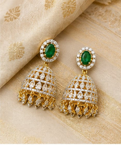 FeelOri emerald jhumka earrings styled with saree fabric for Indian occasion wear