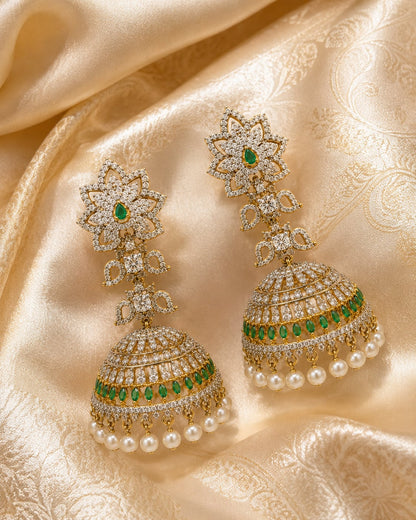 FeelOri emerald jhumka earrings styled with saree fabric for Indian occasion wear
