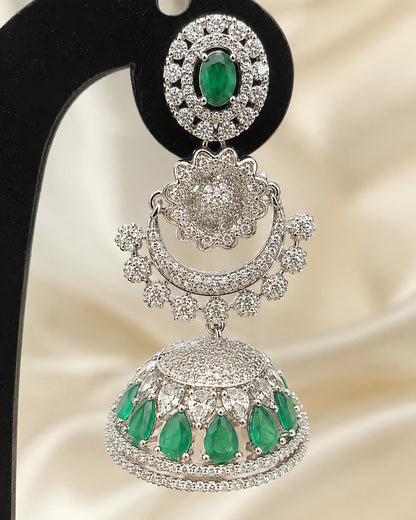 FeelOri Emerald Green Silver Rhodium CZ Three Tier Jhumka Earrings - construction detail