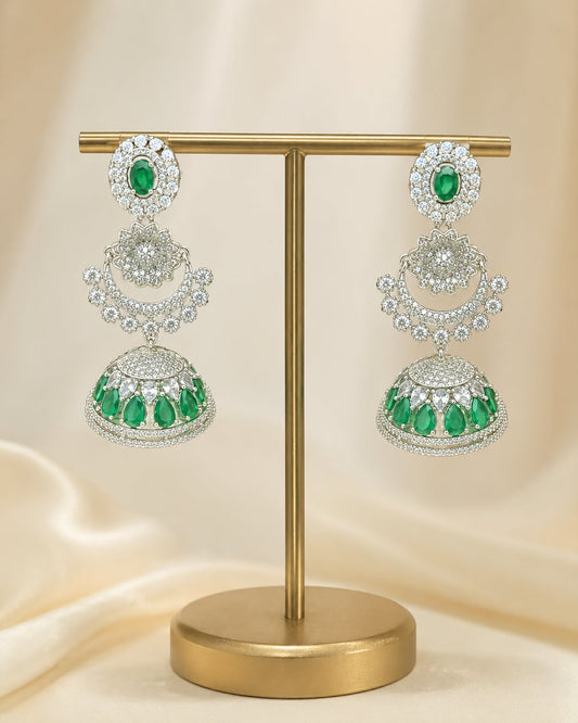 FeelOri Emerald Green Silver Rhodium CZ Three Tier Jhumka Earrings - display view