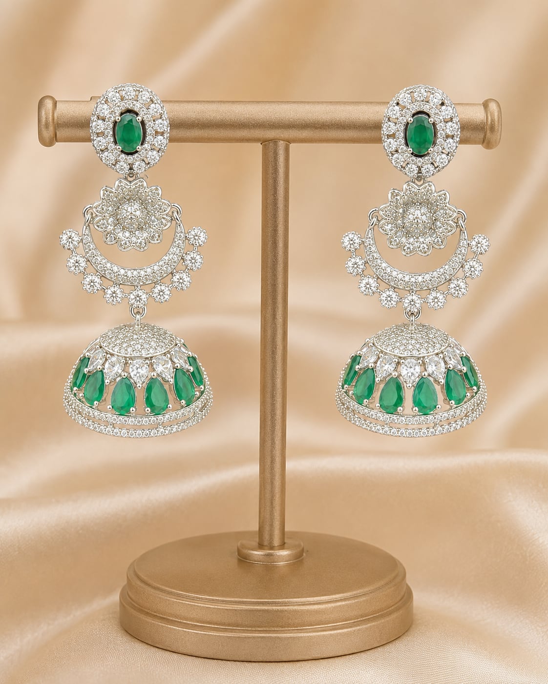 FeelOri Emerald Green Silver Rhodium CZ Three Tier Jhumka Earrings - main catalogue view
