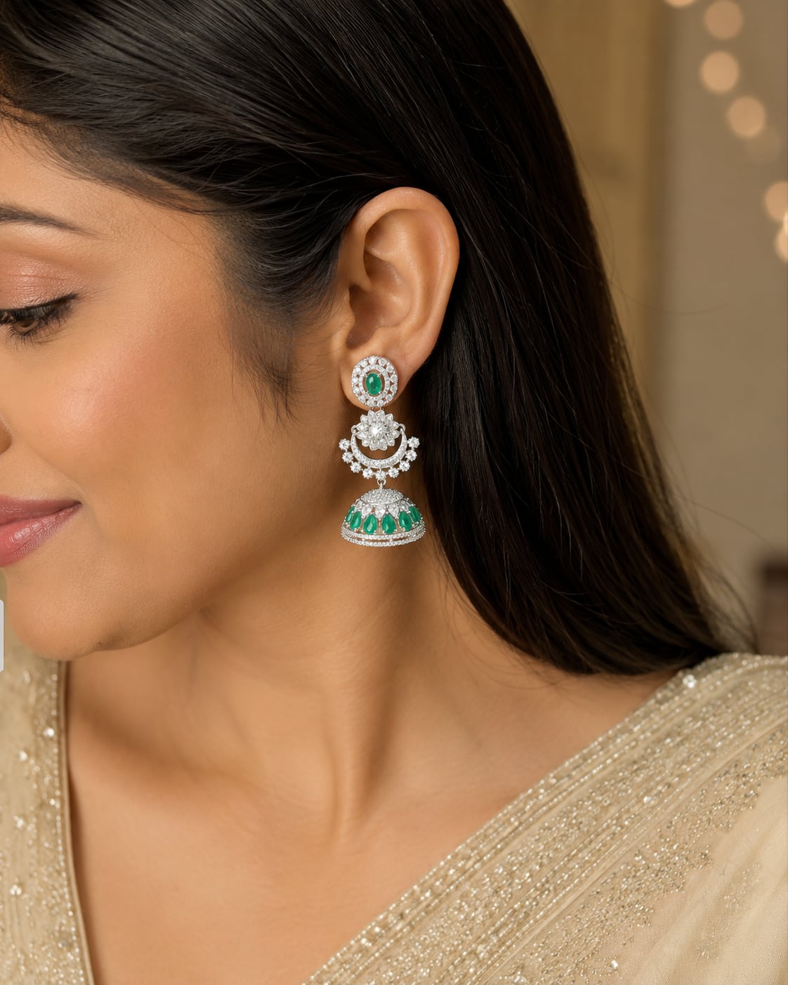 FeelOri Emerald Green Silver Rhodium CZ Three Tier Jhumka Earrings - model styling view