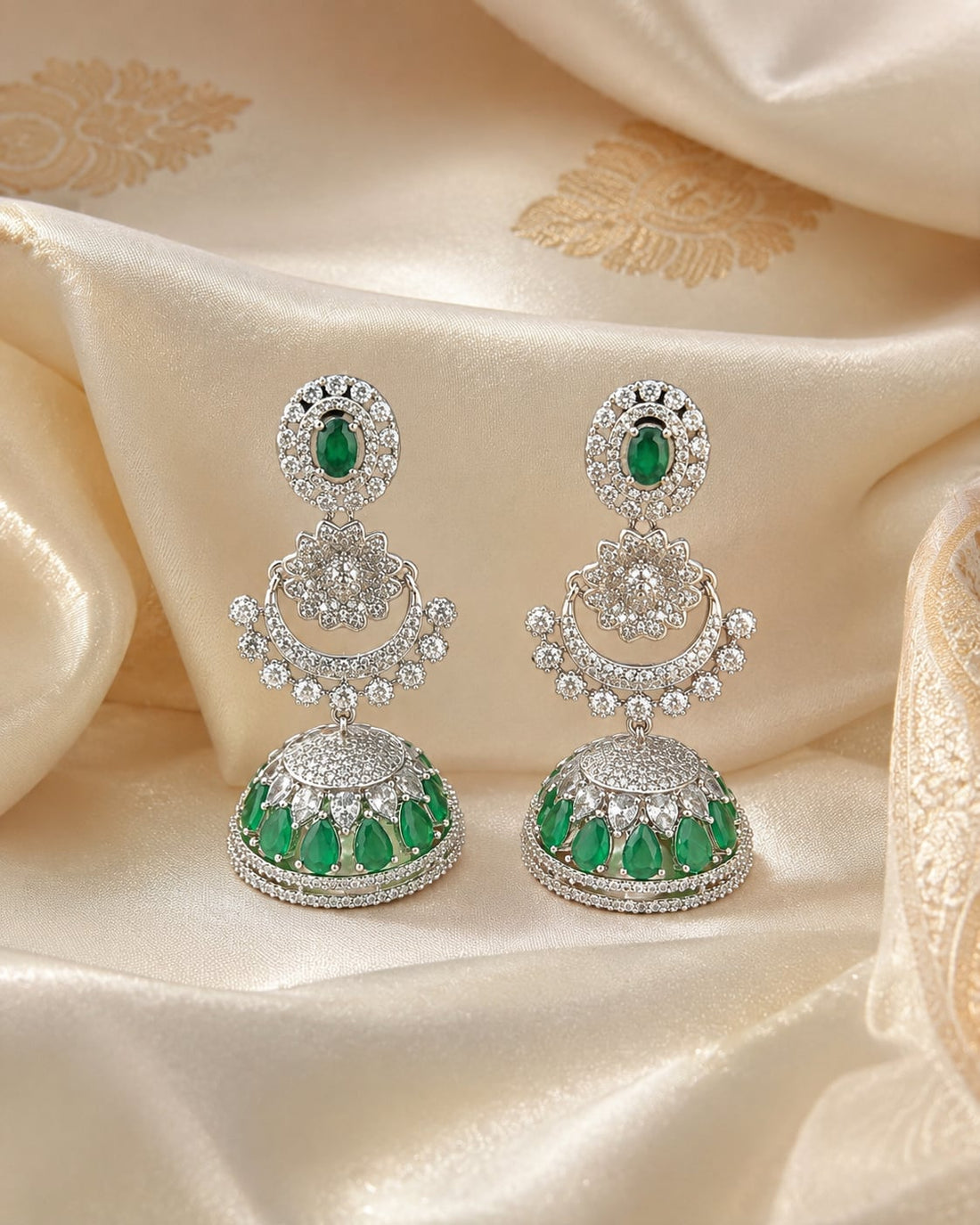 FeelOri Emerald Green Silver Rhodium CZ Three Tier Jhumka Earrings - silk styling view