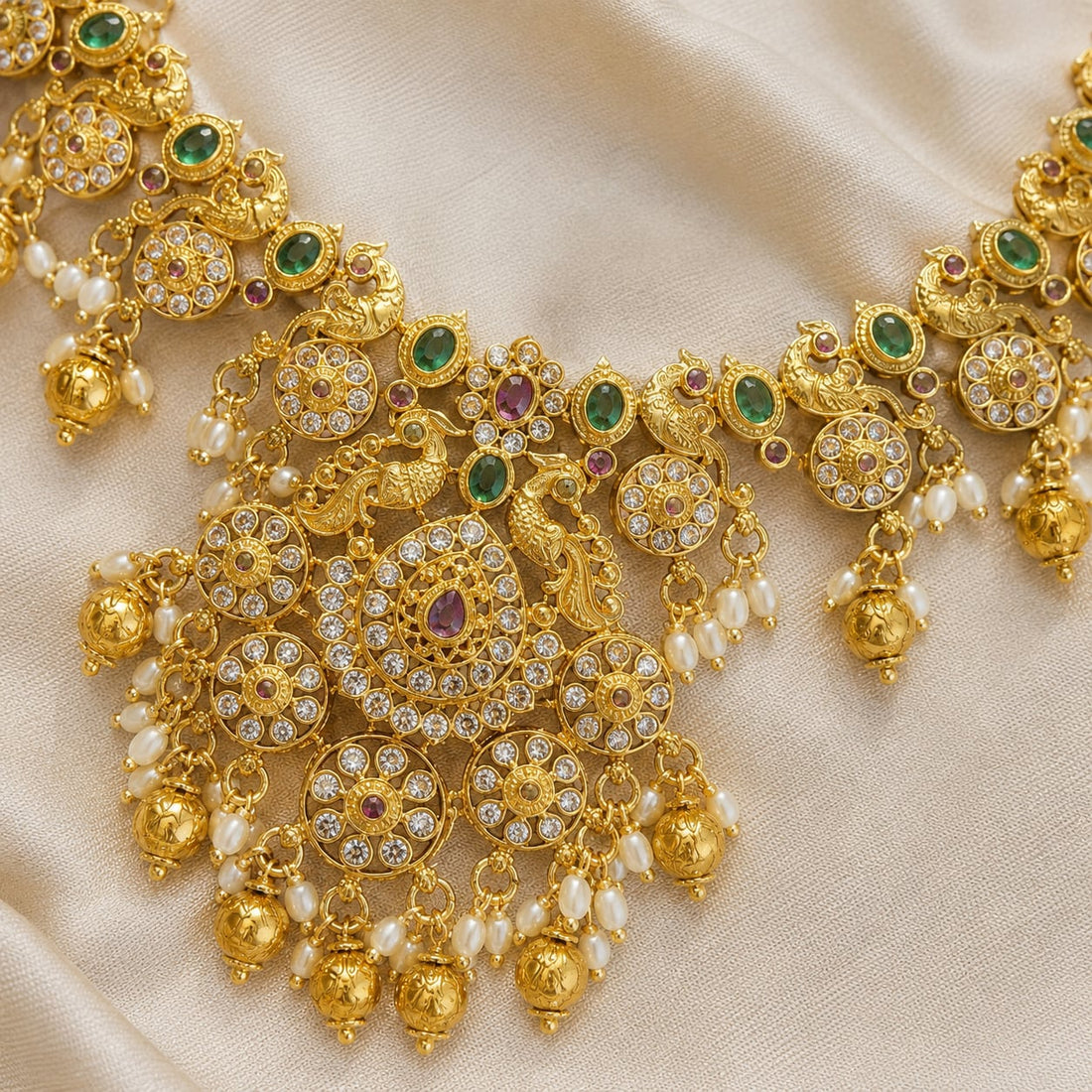 FeelOri Emerald Peacock AD/CZ Necklace Set for Sarees with matching earrings, festive styling view