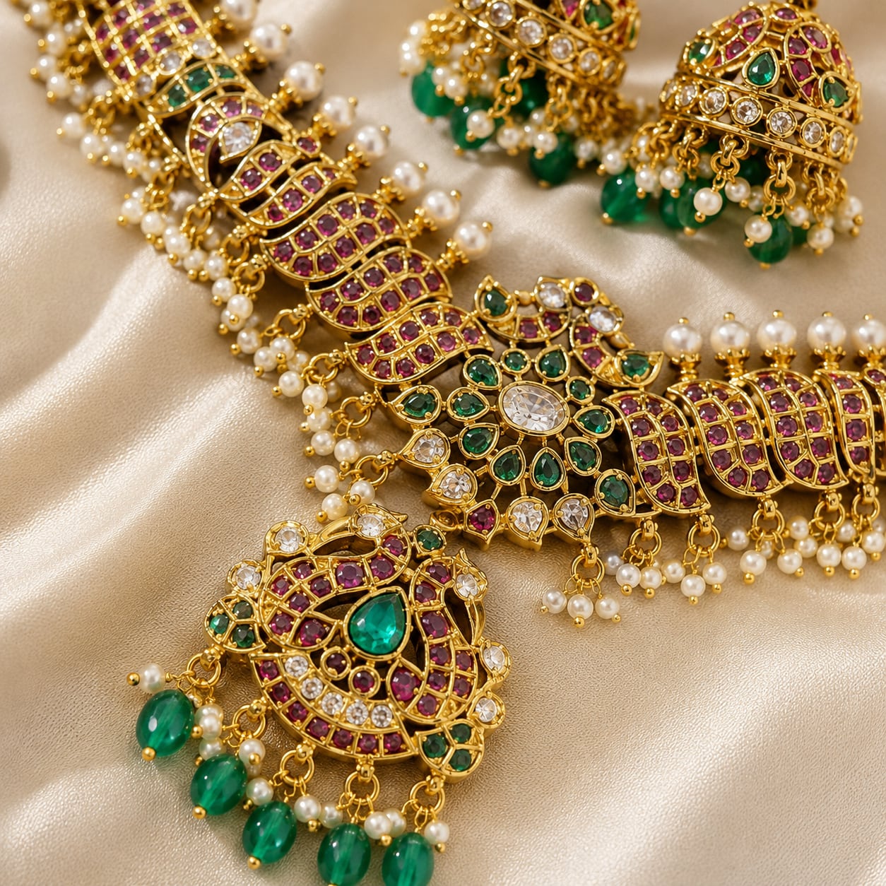 FeelOri emerald-tone necklace set with matching earrings pendant and gold-polished detail