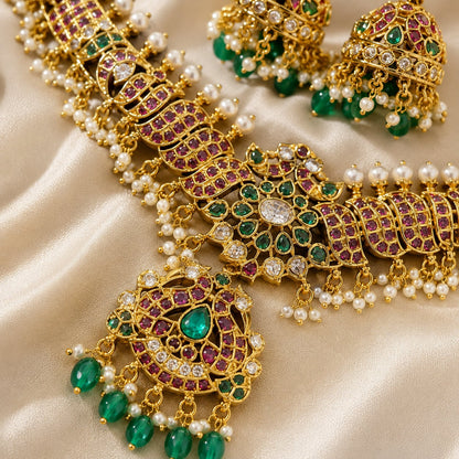 FeelOri emerald-tone necklace set with matching earrings pendant and gold-polished detail
