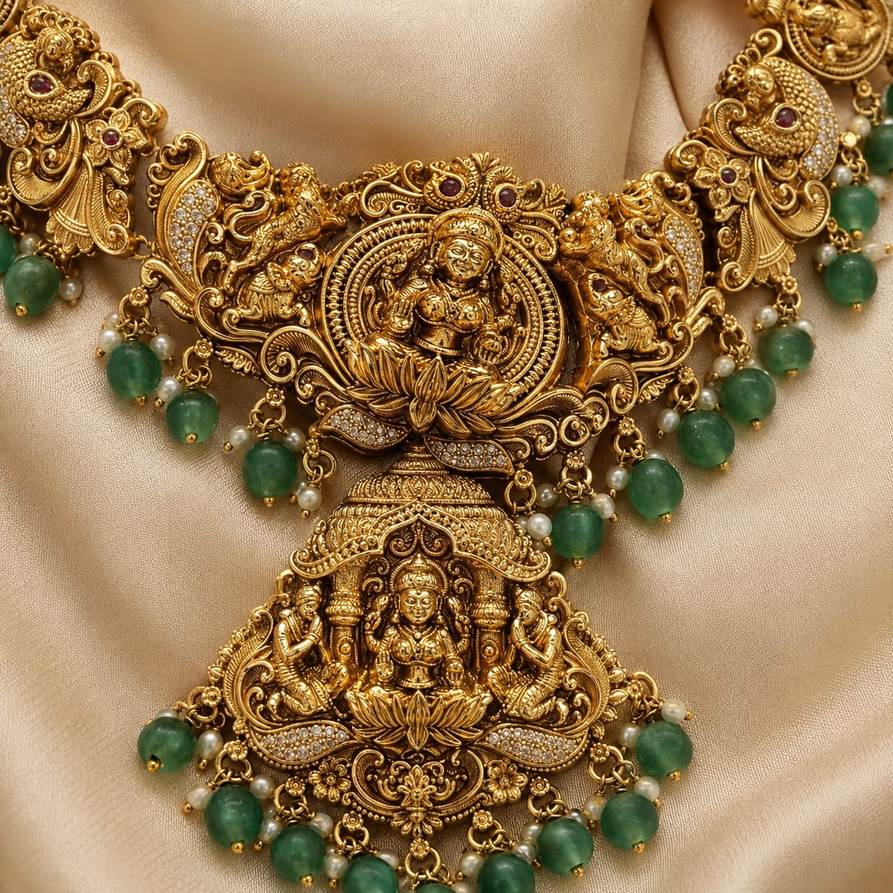 FeelOri emerald-tone necklace set with matching earrings pendant and gold-polished detail