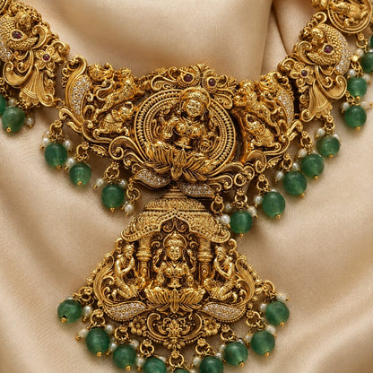 FeelOri emerald-tone necklace set with matching earrings pendant and gold-polished detail