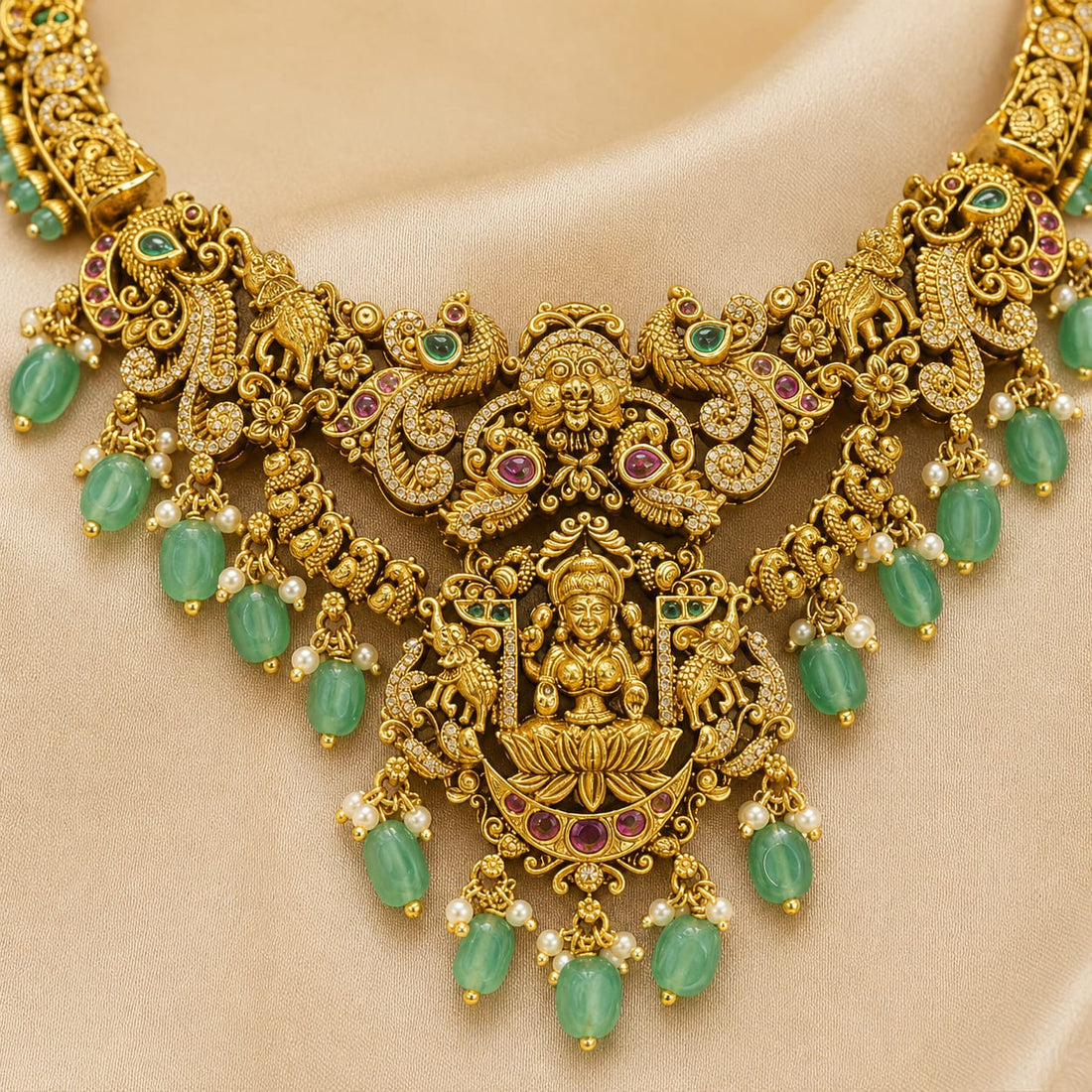 FeelOri Emerald Temple Choker Necklace Set for Pattu Sarees with matching earrings, festive styling view