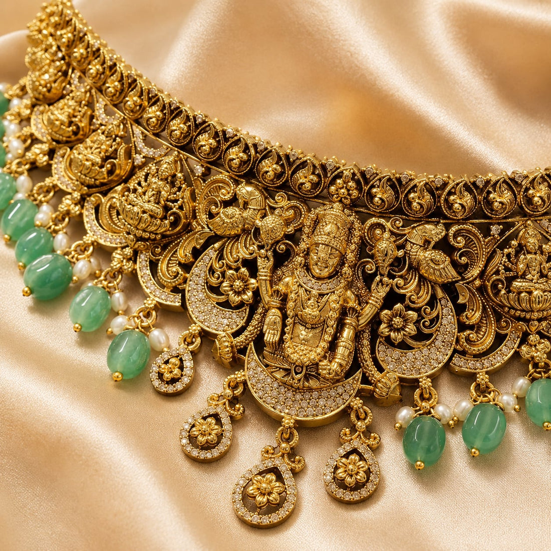 FeelOri Emerald Lakshmi Collar Necklace Set for Pattu Sarees with matching earrings, festive styling view
