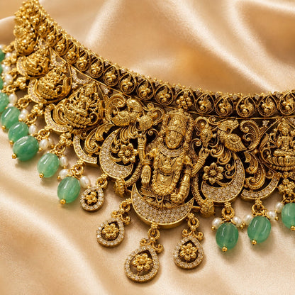 FeelOri emerald-tone necklace set with matching earrings pendant and gold-polished detail