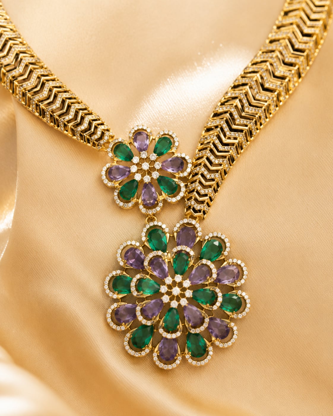 FeelOri emerald-tone necklace set with matching earrings pendant and gold-polished detail