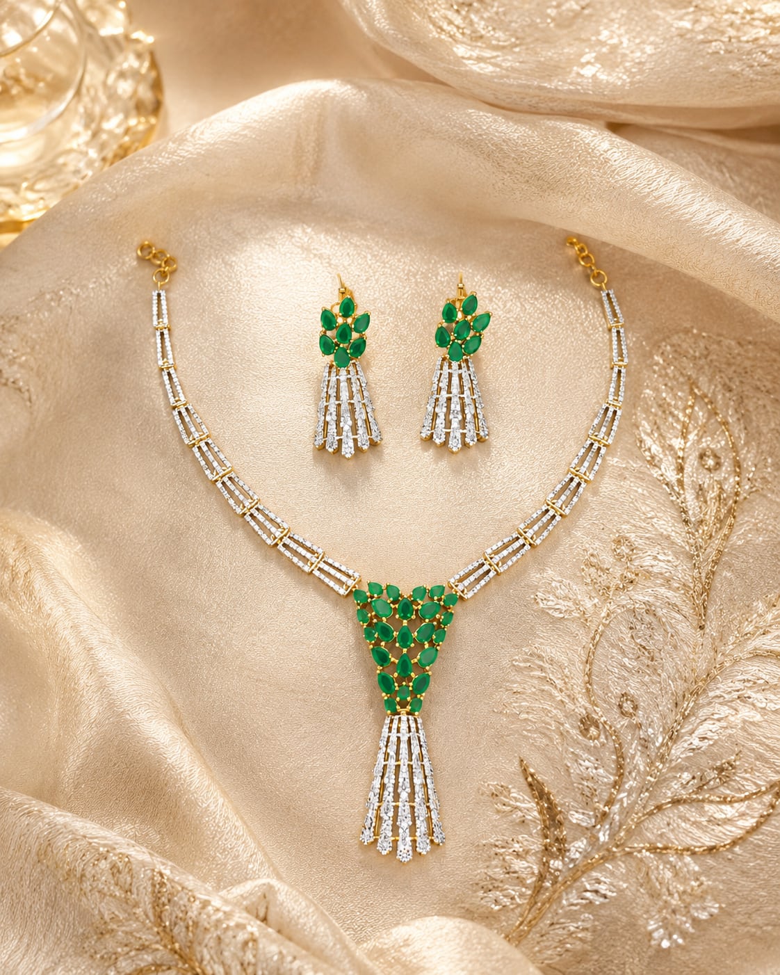 FeelOri emerald-tone necklace set with matching earrings pendant and gold-polished detail